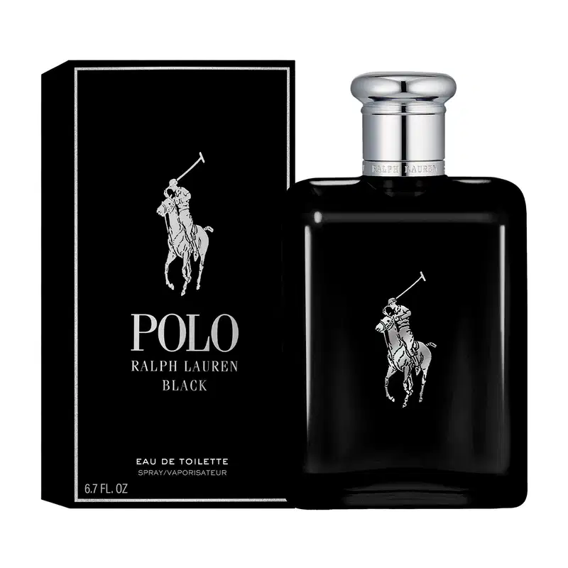 Frasco de perfume preto Polo Black da marca Ralph Lauren com tampa prateada e logotipo da marca em destaque.