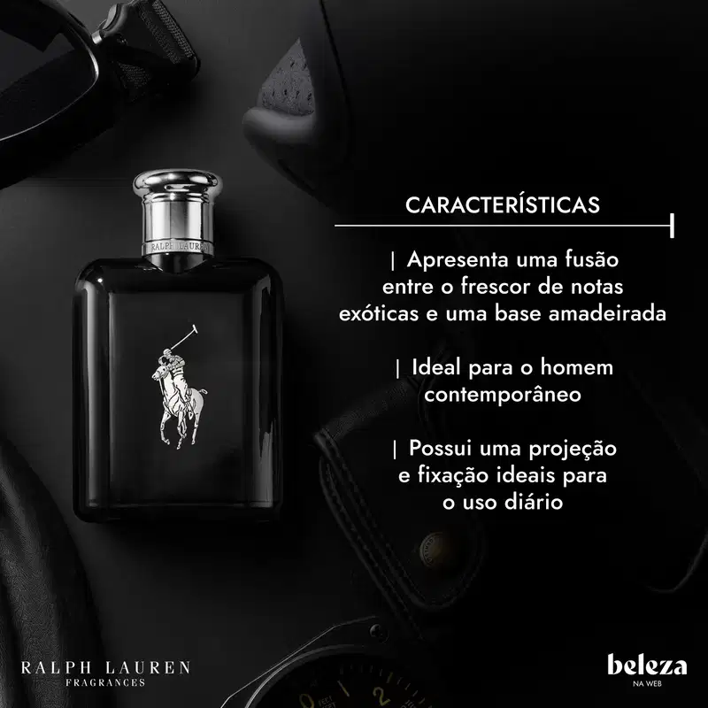 Frasco de item de perfumaria da marca Ralph Lauren com projeção e fixação ideais para uso diário, apresentando fusão entre notas exóticas e base amadeirada.