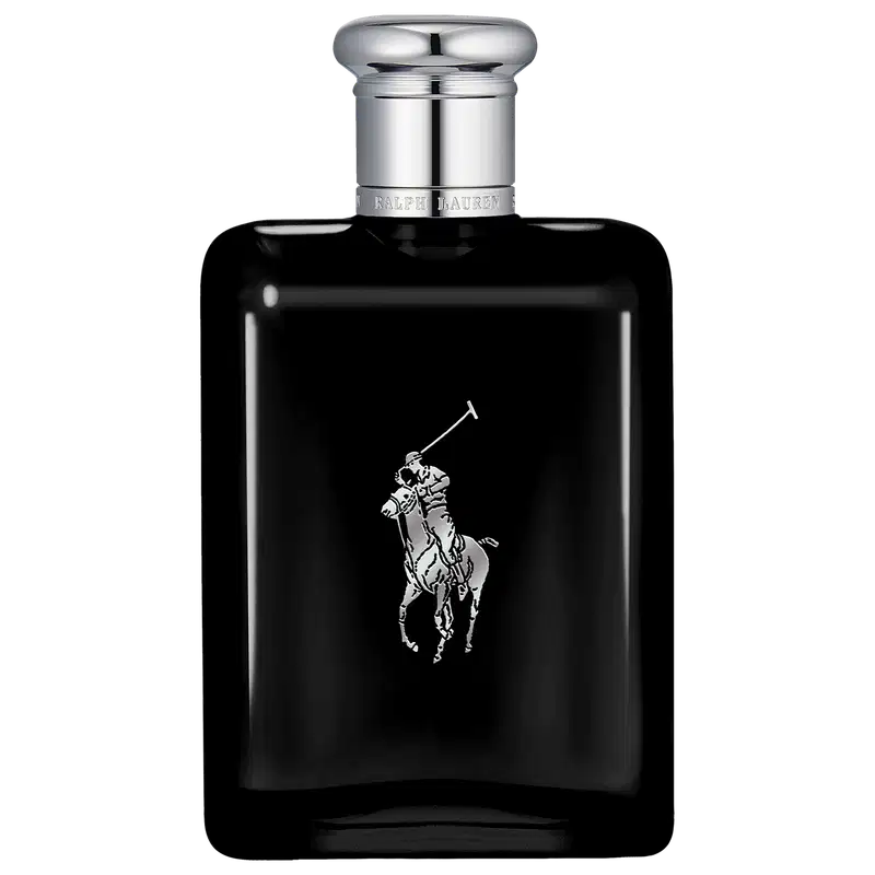 Frasco de perfume preto Polo Black da marca Ralph Lauren com tampa prateada e logotipo da marca em destaque.