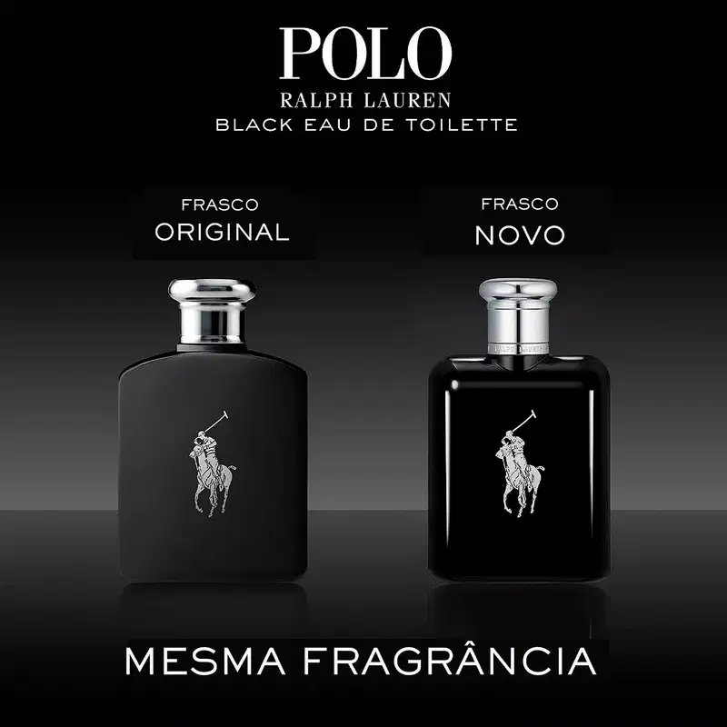 Frasco de perfume preto Polo Black da marca Ralph Lauren com tampa prateada e logotipo da marca em destaque.