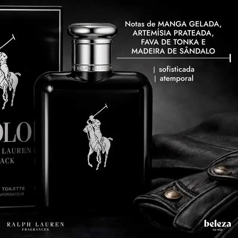 Frasco de item de perfumaria da marca Ralph Lauren com notas de manga gelada, artemísia prateada, fava de tonka e madeira de sândalo, apresentado em embalagem preta com logotipo da marca.