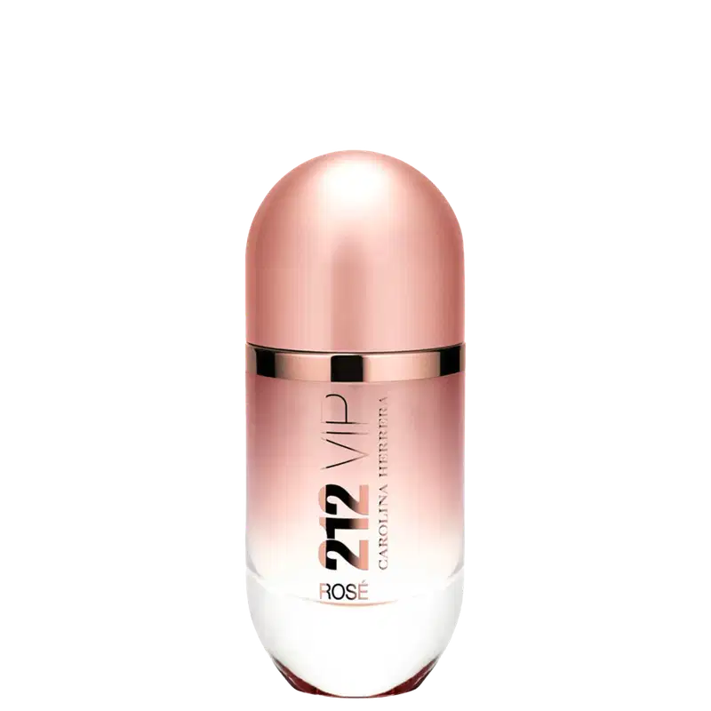 Perfume em frasco cilíndrico de metal rosado. O frasco tem um formato alongado com uma tampa arredondada na parte superior. O rótulo frontal exibe o texto "212 VIP Rosé" em letras douradas sobre fundo rosado.