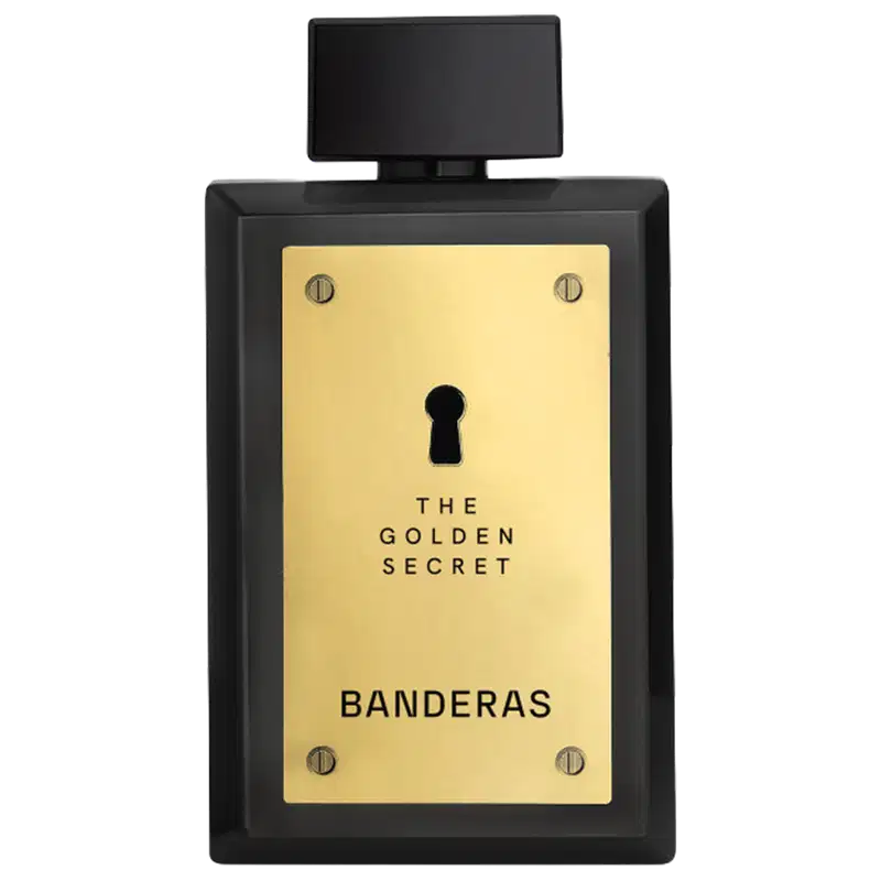 Frasco de perfume preto com painel frontal dourado exibindo o texto "The Golden Secret" e "Banderas" em letras douradas. O frasco possui um design elegante e minimalista, com um pequeno orifício no centro.