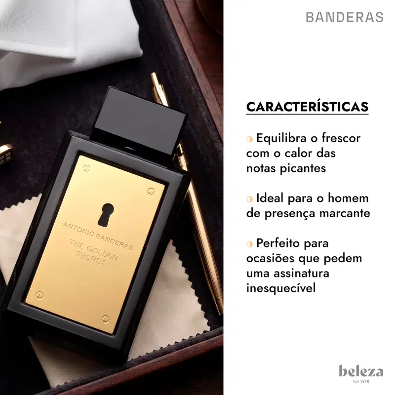 Embalagem preta e dourada de item de perfumaria da marca Banderas, com texto listando as características.