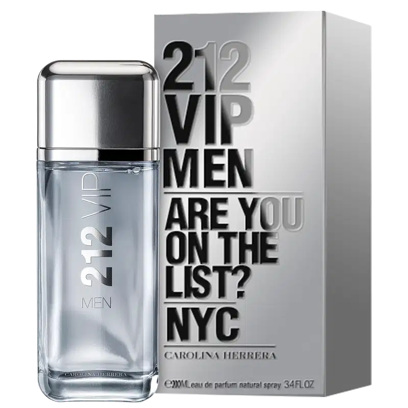 Frasco de perfume masculino Carolina Herrera 212 VIP, com design elegante em vidro transparente e tampa metálica brilhante. Rótulo com o nome da fragrância em letras grandes e informações sobre a marca.