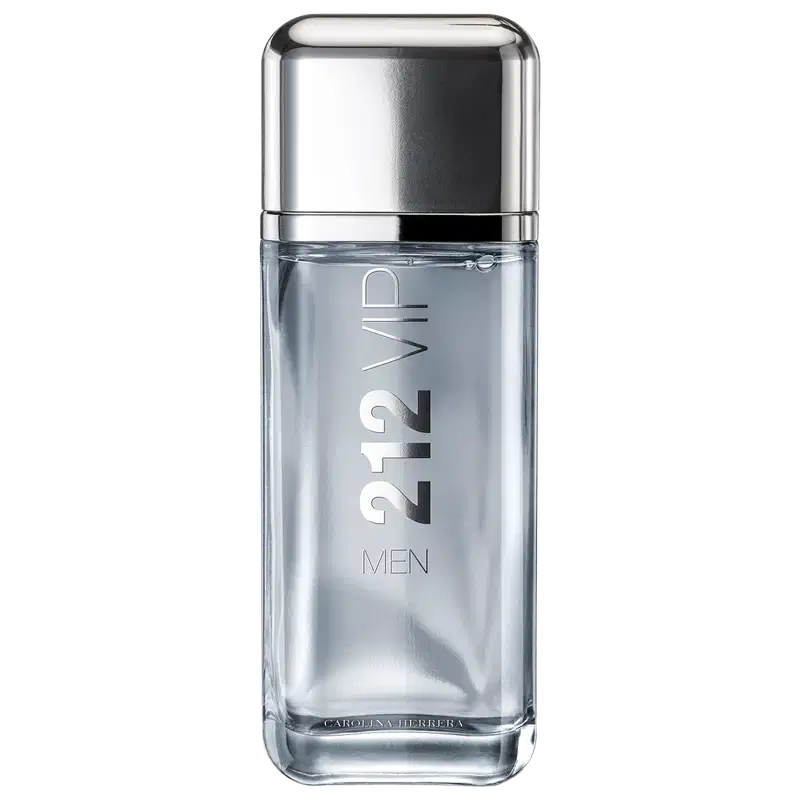 Frasco de perfume masculino Carolina Herrera 212 VIP, com design elegante em vidro transparente e tampa metálica brilhante. Rótulo com o nome da fragrância em letras grandes e informações sobre a marca.