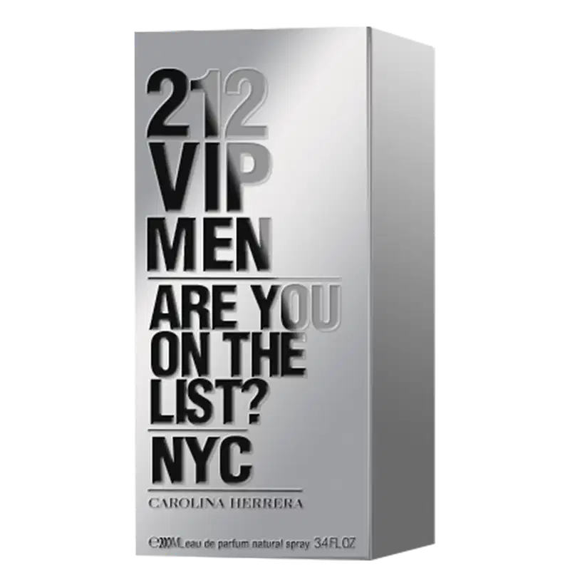 Frasco de perfume masculino Carolina Herrera 212 VIP, com design elegante em vidro transparente e tampa metálica brilhante. Rótulo com o nome da fragrância em letras grandes e informações sobre a marca.