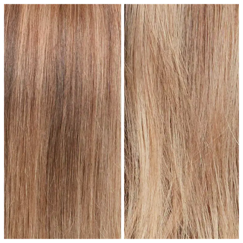 Antes e depois de um cabelo loiro após usar o produto, mais vivo, sedoso e alinhado.