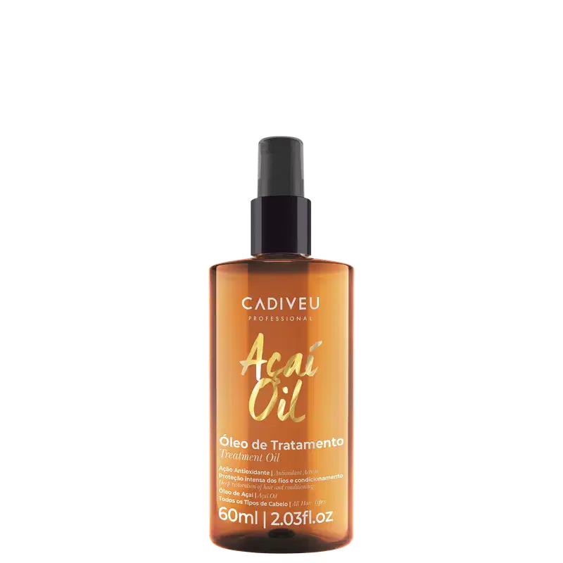 Frasco de óleo capilar Cadiveu Professional Açaí Oil, com 60ml, em embalagem de vidro âmbar com rótulo branco e laranja destacando o nome do produto e sua função.