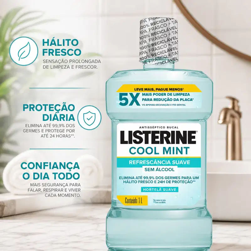 Antisséptico Bucal Listerine Cool Mint Sem Álcool 1l