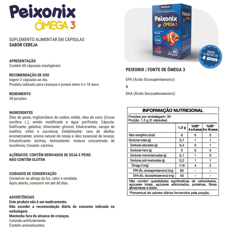 Peixonix Ômega 3 Mastigável Maxinutri Sabor Cereja 60 Caps