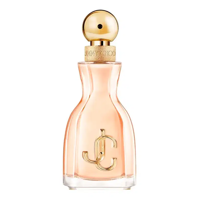 Frasco de item de perfumaria da marca Jimmy Choo, com formato curvilíneo e tampa dourada em formato de olho, em tons de rosa e dourado.
