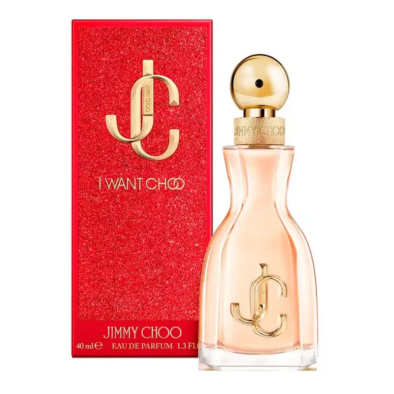 Frasco de item de perfumaria da marca Jimmy Choo, com formato arredondado e tampa dourada, embalado em caixa vermelha brilhante com logotipo dourado.