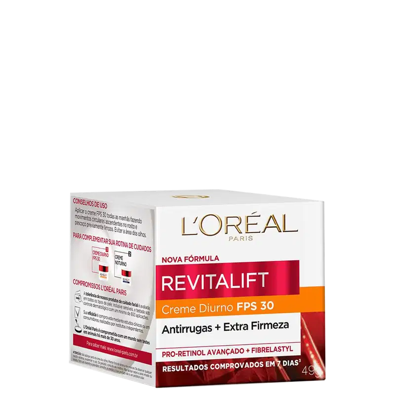 Creme diurno da linha Revitalift da L'Oréal Paris, com FPS 30, embalado em uma caixa branca e vermelha com detalhes dourados, destacando os benefícios de antirrugas e extra firmeza.