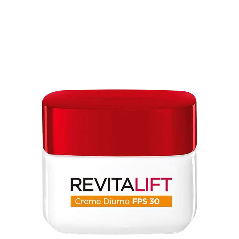 Embalagem branca e vermelha do produto de cuidados com a pele Revitalift Creme Diurno FPS 30 da L'Oréal Paris, com informações sobre o fator de proteção solar visíveis no rótulo.