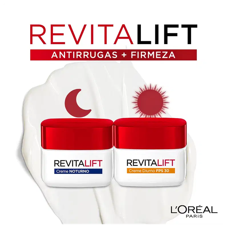 A imagem apresenta dois produtos da linha Revitalift da L'Oréal Paris, um creme noturno e um creme diurno com FPS 30, em embalagens vermelhas e brancas com símbolos de lua e sol, sugerindo seu uso em diferentes momentos do dia para firmeza e antirrugas.