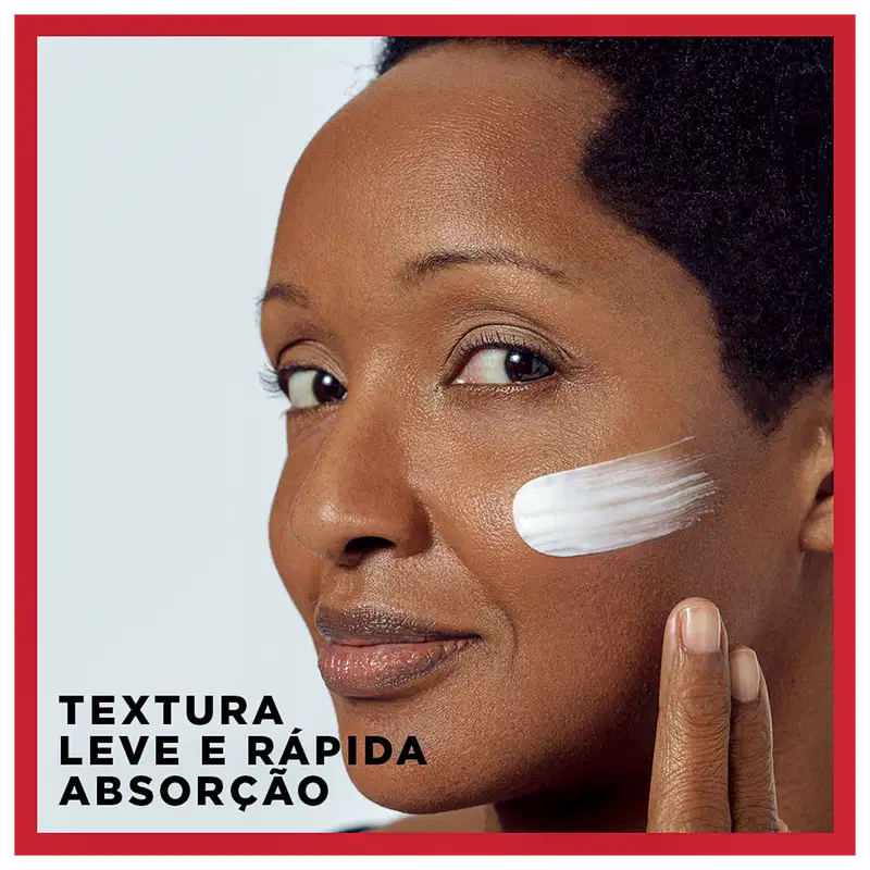 A imagem mostra uma mulher aplicando um produto de cuidados com a pele da marca L'Oréal Paris. Texto destaca a textura leve e a rápida absorção do produto, enfatizando seus benefícios.