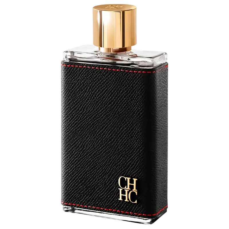 Frasco de perfume Carolina Herrera em embalagem preta com detalhes em vermelho, tampa dourada com logotipo CHHC. Recipiente de vidro com design elegante e sofisticado.