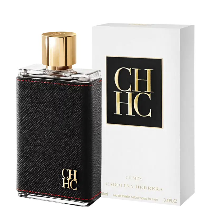 Frasco de perfume masculino Carolina Herrera CHCH em embalagem preta com detalhes dourados, contendo 100ml de produto. Caixa branca com logotipo dourado da marca.