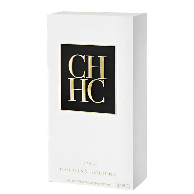 Caixa branca com logotipo "CH HC" em preto e dourado, contendo frasco de perfume masculino da marca Carolina Herrera. Embalagem elegante e minimalista, com informações do produto impressas na caixa.
