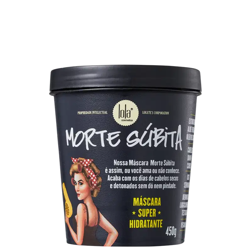 Embalagem preta com rótulo da marca Lola Cosmetics, contendo uma máscara capilar super hidratante chamada "Morte Súbita". A embalagem apresenta uma ilustração de uma mulher com cabelos enrolados em um lenço estampado.