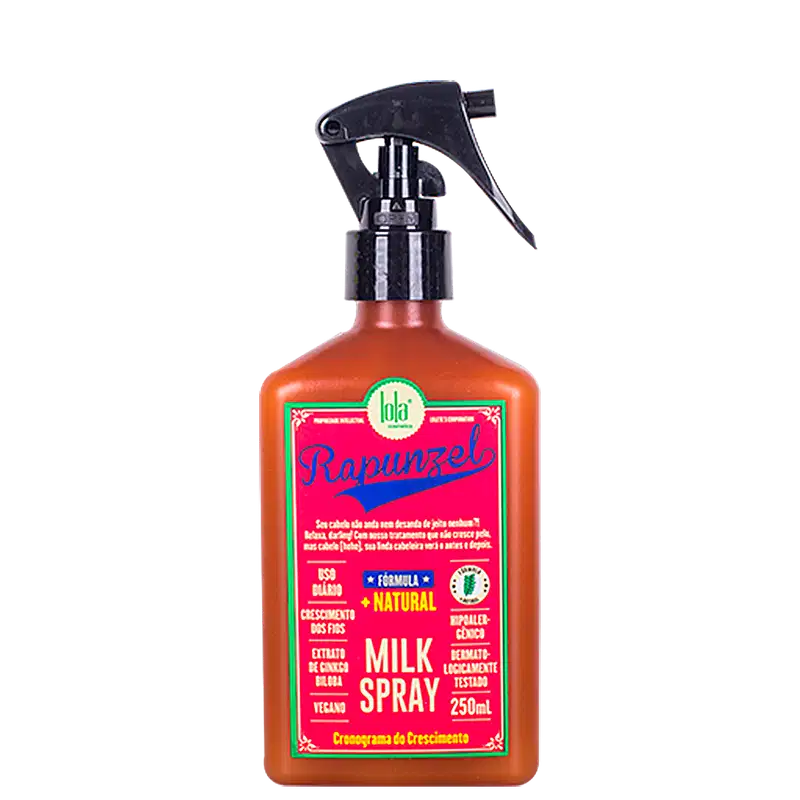 Frasco de spray de leite da marca Lola From Rio, com rótulo rosa e verde destacando a fórmula natural e vegana do produto. O frasco possui um gatilho preto e contém 250 ml do produto.