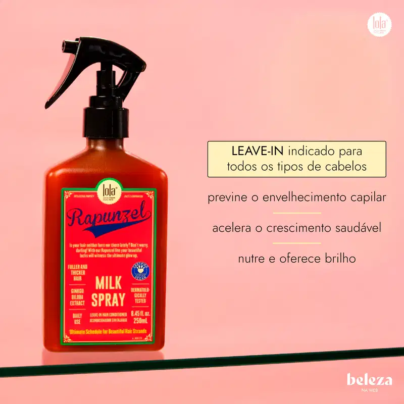 Frasco de spray de leite da marca Lola From Rio, com rótulo rosa e verde destacando a fórmula natural e vegana do produto. O frasco possui um gatilho preto e contém 250 ml do produto.