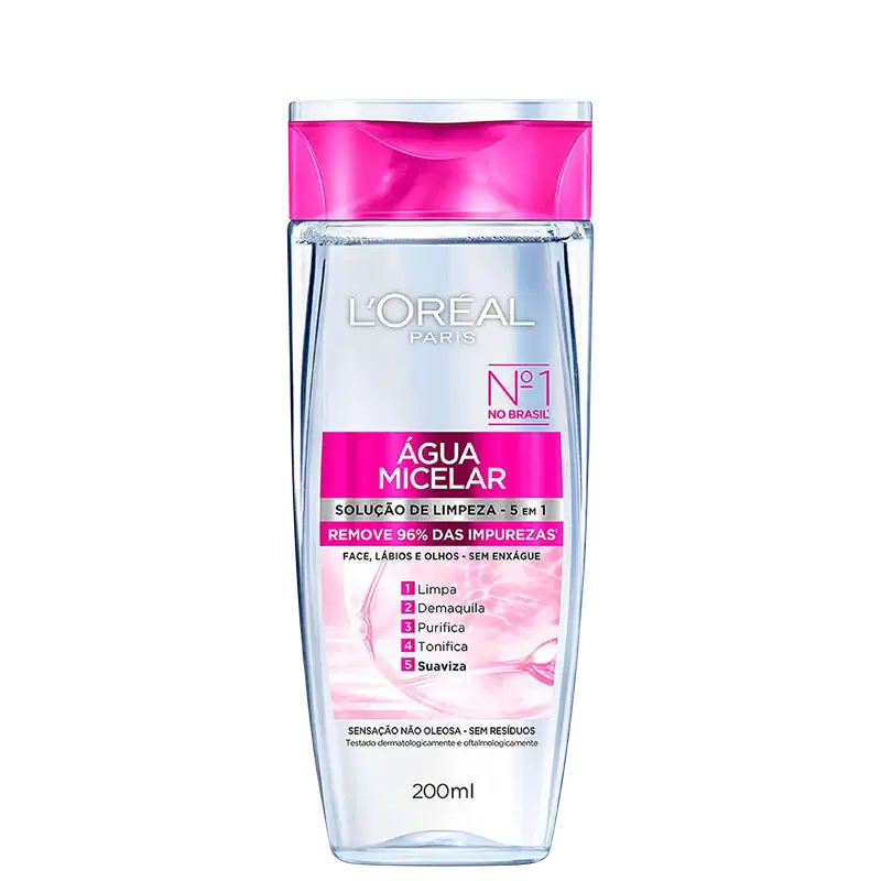 Frasco de 200ml de Água Micelar da L'Oréal Paris, com solução de limpeza 5 em 1 que remove 96% das impurezas, sem deixar resíduos. Embalagem de plástico transparente com tampa rosa e rótulo branco com o logo da marca.