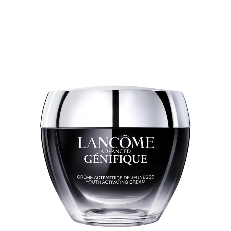 Frasco de vidro transparente com tampa arredondada contendo o produto de cuidados com a pele Lancôme Advanced Génifique, com rótulo em preto e branco destacando o nome da marca e o nome do produto.