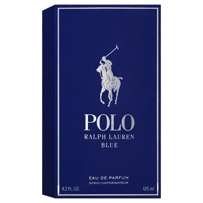 Caixa azul escura com logotipo da marca Polo Ralph Lauren em branco, contendo frasco de perfume Eau de Parfum com 125 ml de capacidade.