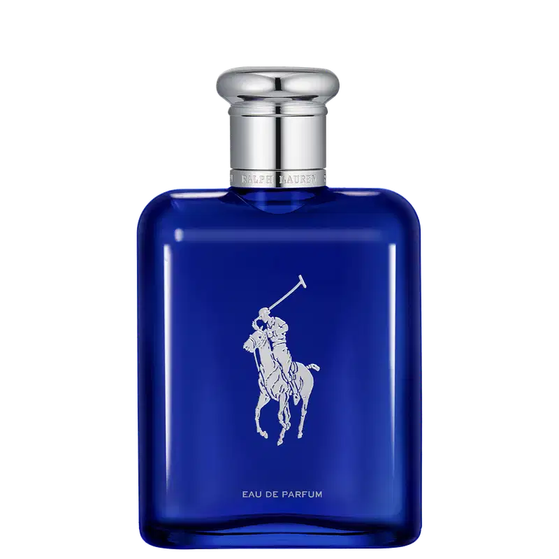 Frasco de perfume da marca Ralph Lauren, com design elegante e sofisticado em tom azul intenso. O rótulo apresenta o logotipo da marca em branco, com a inscrição "Eau de Parfum" abaixo.