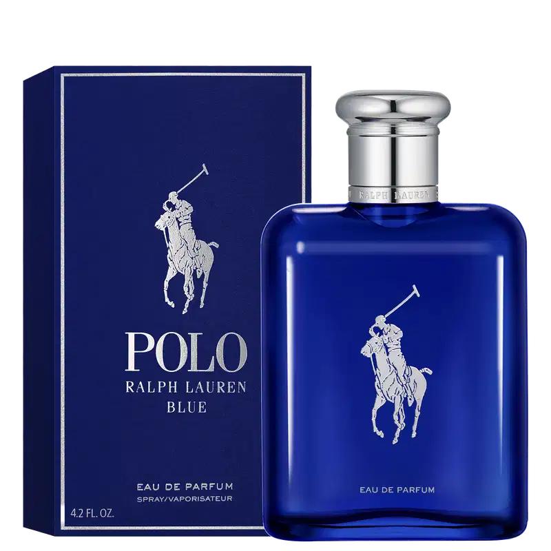 Frasco de perfume da marca Ralph Lauren, com design elegante e sofisticado em tom azul intenso. O rótulo apresenta o logotipo da marca em branco, com a inscrição "Eau de Parfum" abaixo.