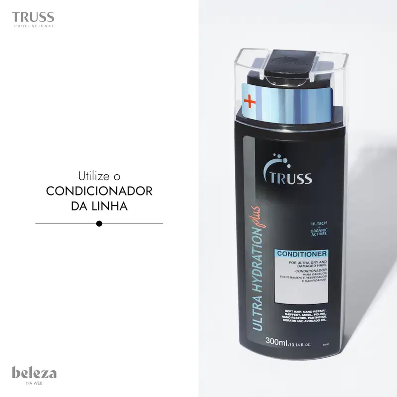 Utilize o CONDICIONADOR DA LINHA ULTRA HYDRATION PLUS da marca TRUSS, um condicionador para cabelos extremamente ressecados e danificados, com tecnologia Hi-Tech e ativos orgânicos.