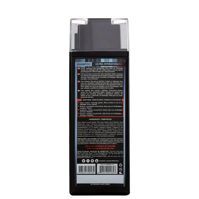 Frasco de shampoo preto e transparente da marca TRUSS Ultra Hydration Plus, com rótulo informativo sobre o produto e instruções de uso.
