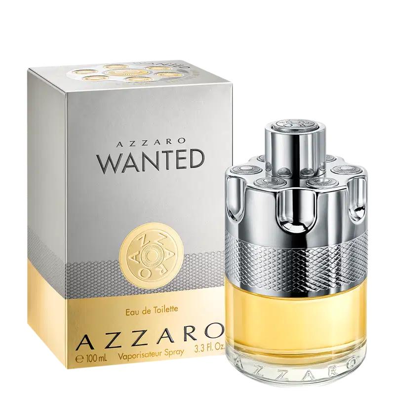 Frasco de perfume Azzaro Wanted, com embalagem prateada e dourada, contendo 100 ml de Eau de Toilette. O frasco possui um design moderno e sofisticado, com detalhes texturizados.