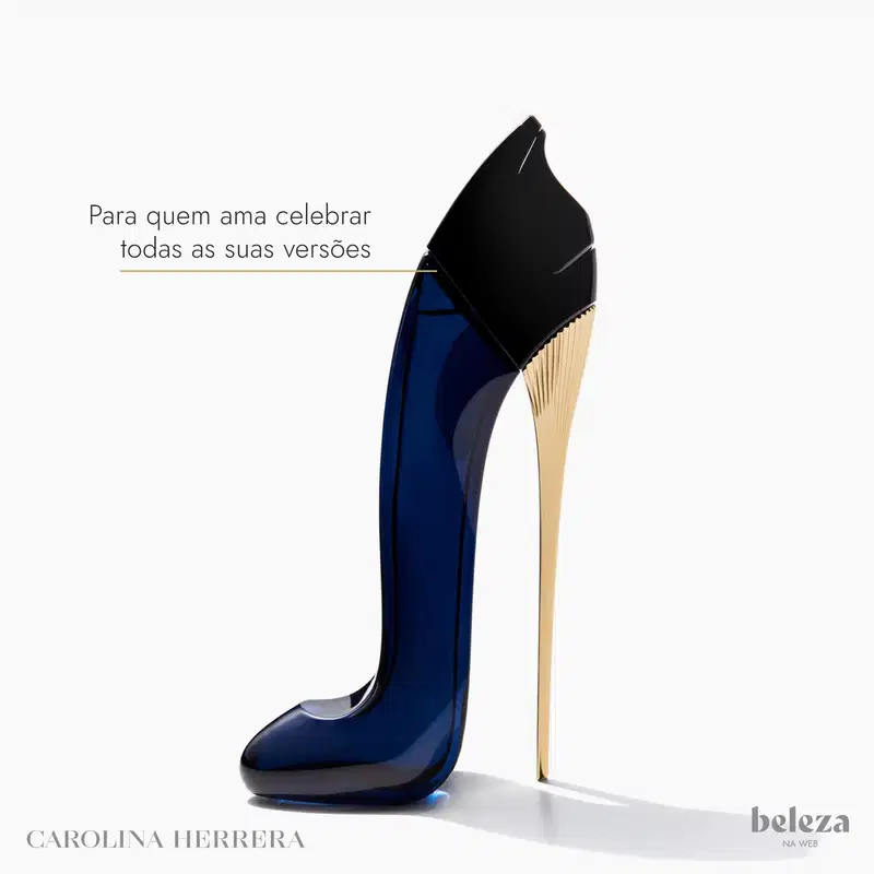 Imagem do perfume Good Girl em formato de sapato de salto alto da marca Carolina Herrera, em tons de azul e dourado. Texto ao lado: para quem ama celebrar todas as suas versões.