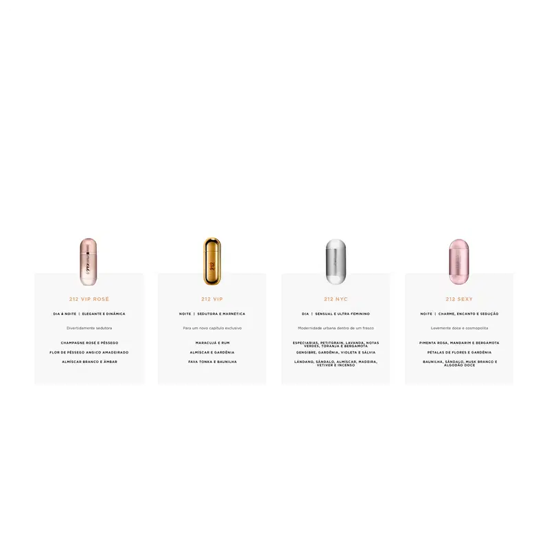 Quatro frascos de perfumes da marca Carolina Herrera, com diferentes cores e formatos, exibindo rótulos com informações sobre as fragrâncias e suas características.