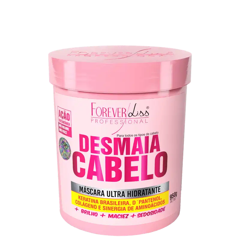 Embalagem rosa de máscara capilar da linha Forever Liss Professional, com rótulo indicando "Desmaia Cabelo" e ingredientes como Keratina Brasileira, D-Pantenol e Colágeno.