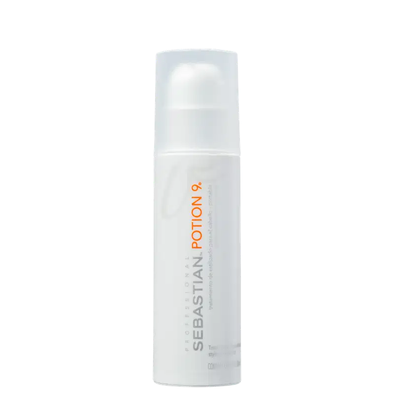 Potion 9, produto da linha Sebastian Professional. Frasco cilíndrico  branco opaco. Rótulo com o nome da marca "Sebastian" em letras maiúsculas cinza e o nome do produto "Potion 9" em laranja.