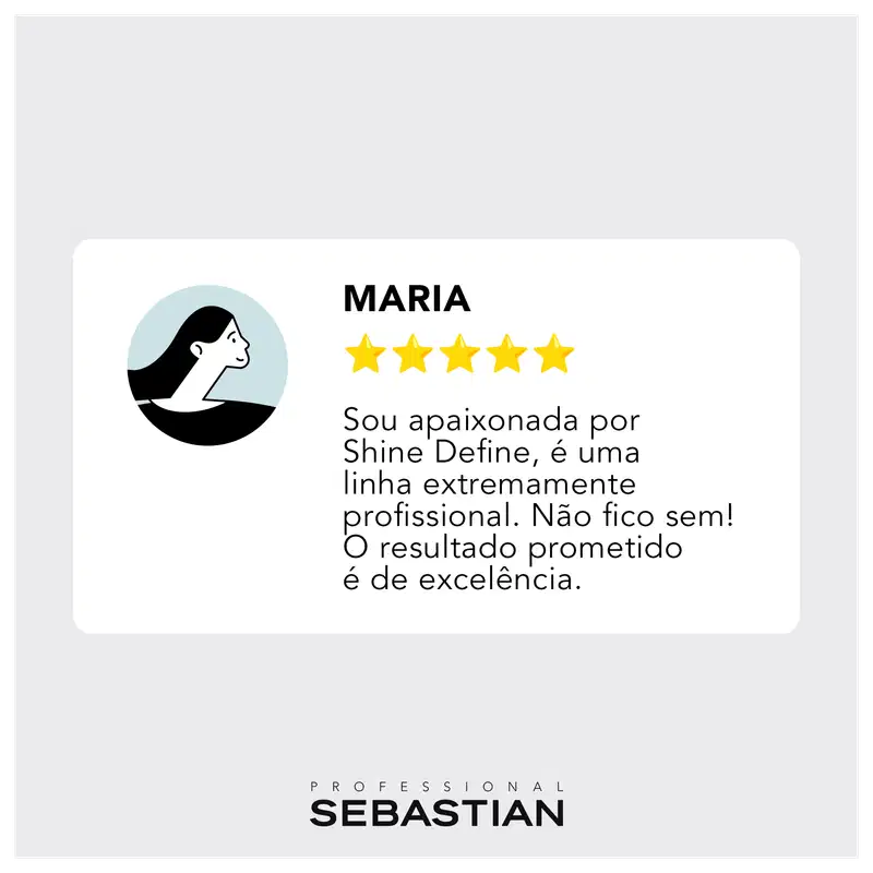 Esta é uma recomendação ou avaliação de um produto da linha Sebastian Professional. O texto está em um cartão ou caixa branca com uma ilustração estilizada de um rosto feminino em um círculo azul claro. Há cinco estrelas amarelas.
