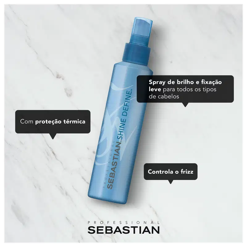 Produto de cabelo Sebastian Professional em spray azul claro. Texto promocional destaca: "Spray de brilho e fixação leve para todos os tipos de cabelos", "Com proteção térmica" e "Controla o frizz". Produto profissional para salões de beleza.