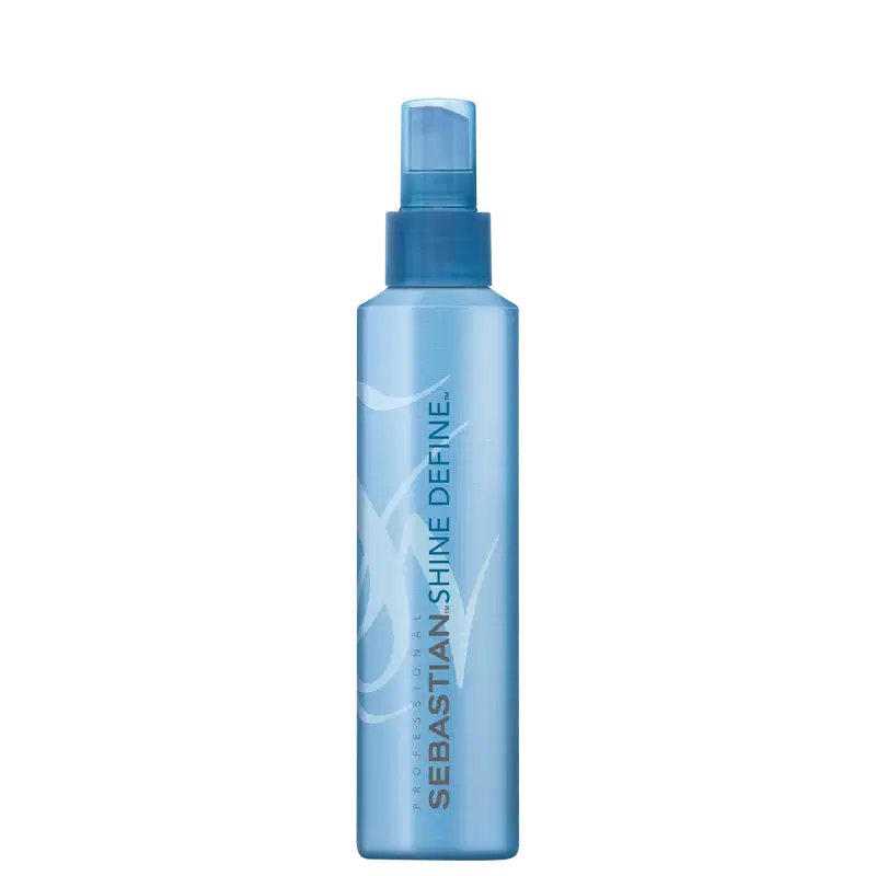 Spray de brilho Sebastian Professional. Frasco spray plástico transparente azul claro. Rótulo com o nome da marca "Sebastian" e o produto "Shine Define" em letras brancas. Embalagem cilíndrica com tampa borrifadora azul escuro na parte superior.