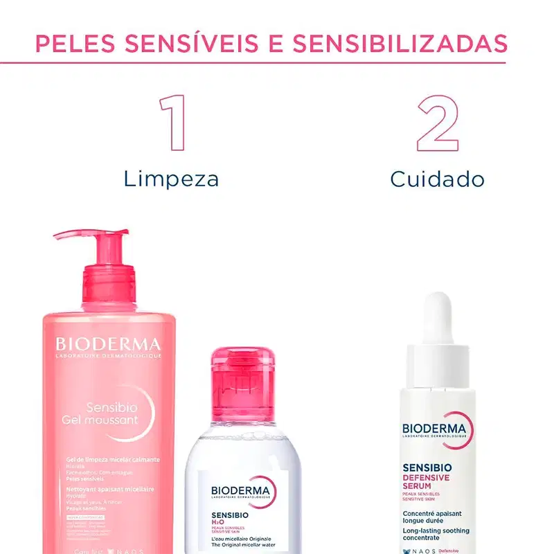 Imagem mostra produtos da marca Bioderma, incluindo um gel de limpeza facial sensível e um soro facial calmante, com embalagens em tons de rosa e branco.