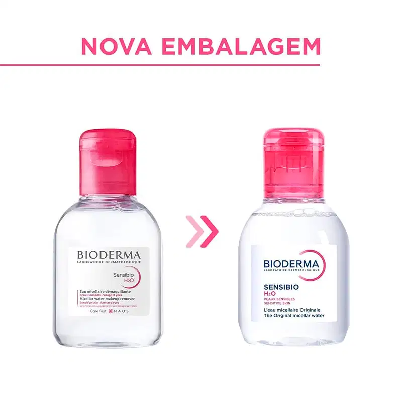 Duas embalagens da marca Bioderma, com texto "Nova Embalagem" e "Sensibio H2O" em vermelho e branco, respectivamente.