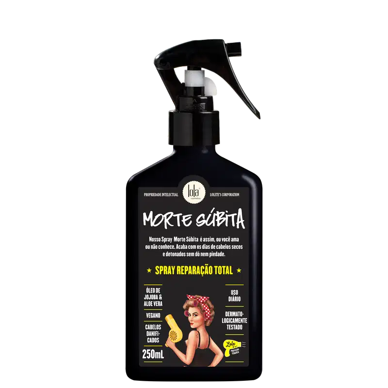 Frasco preto com rótulo em preto e branco, contendo um spray de reparação total chamado "Morte Súbita" da marca Lola From Rio, com informações sobre os ingredientes e uso diário.