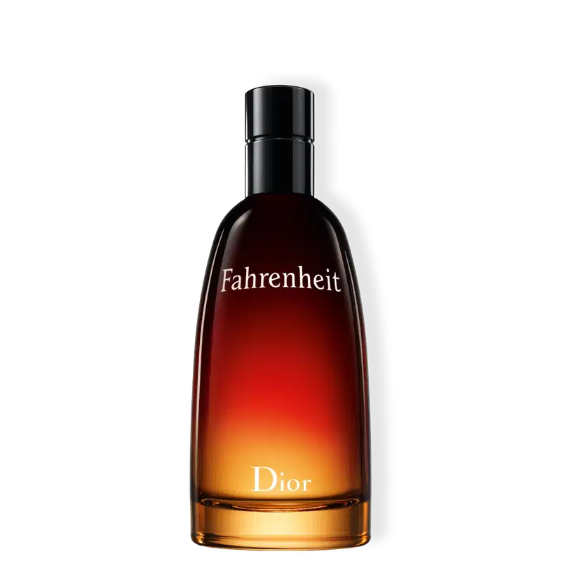 Perfume em frasco de vidro presenta uma gradação de cores que vai do vermelho escuro na parte superior ao laranja claro na parte inferior, e tampa preta. Na parte frontal do frasco, está impresso o nome "Fahrenheit" em letras brancas.