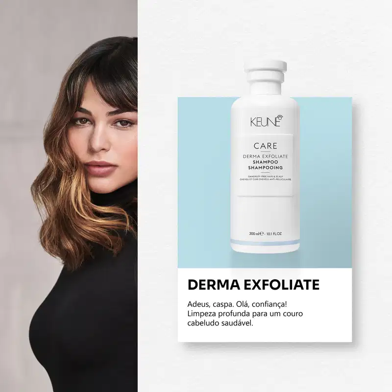 Frasco branco de shampoo Keune Care Derma Exfoliate, com rótulo em preto e branco indicando o nome do produto e sua função de remover caspa do couro cabeludo.