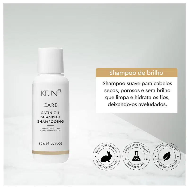 Frasco branco de 80 ml da linha Care da Keune, contendo o Shampoo de Óleo Satinado, com rótulo destacando a luminosidade para cabelos opacos.
