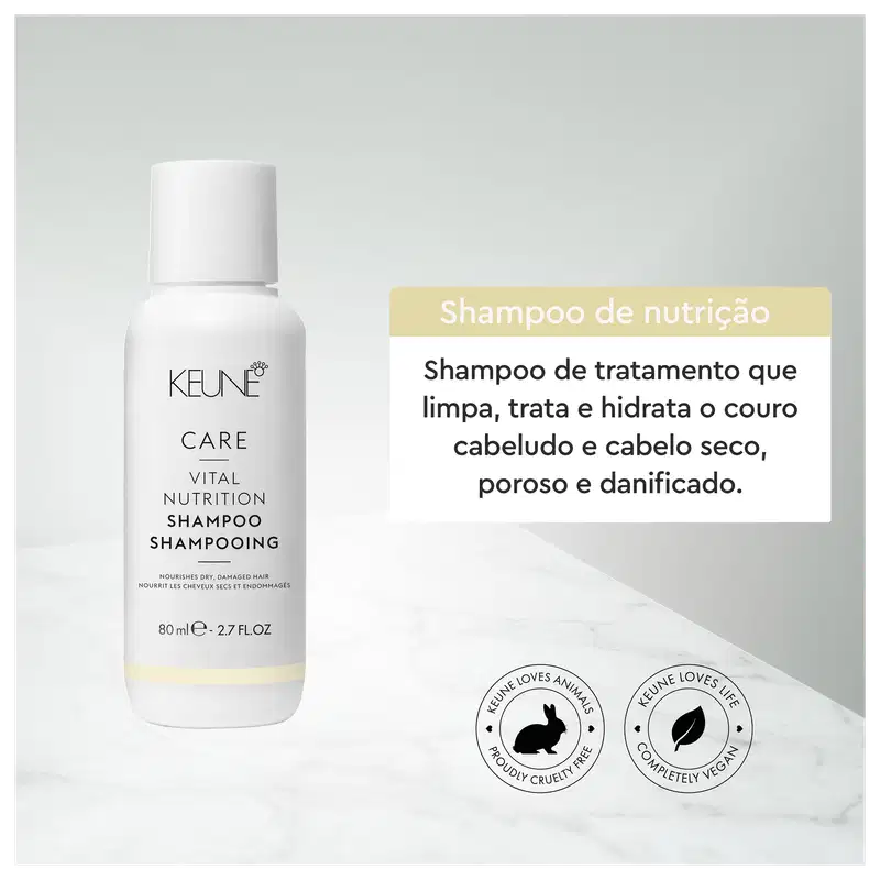 Frasco branco de 80 ml do Shampoo de Nutrição Vital da linha Keune Care, com rótulo em preto e amarelo destacando o nome da marca e do produto.