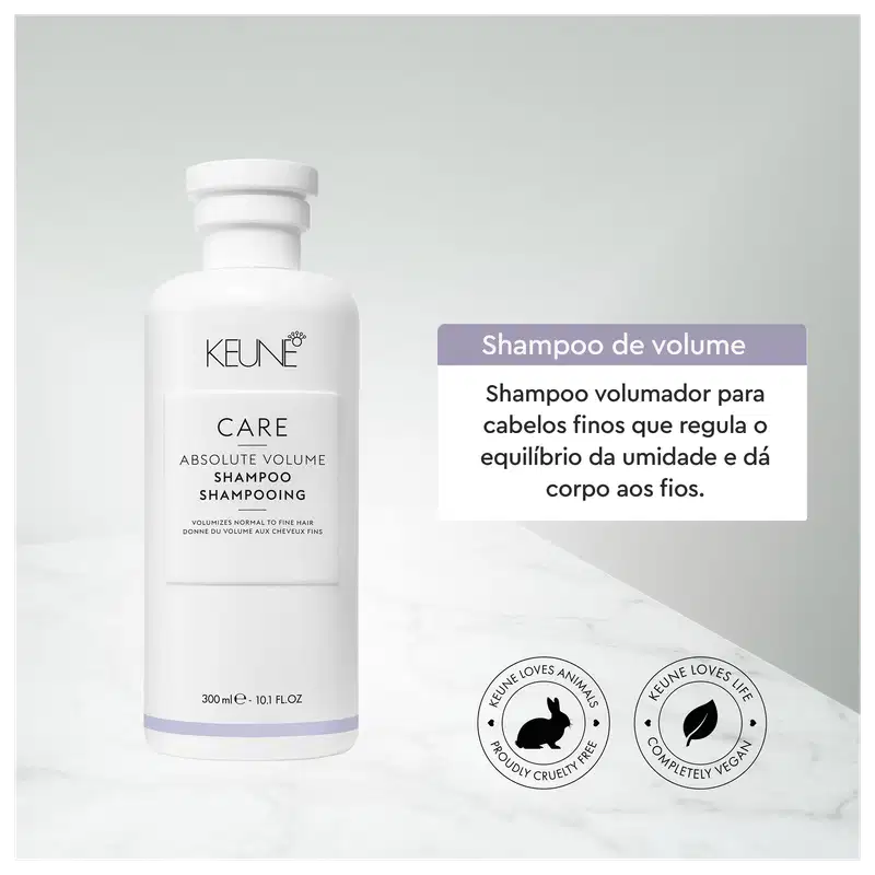 Shampoo volumador da marca Keune, da linha Care Absolute Volume, em frasco branco de 300 ml. O rótulo apresenta o nome da marca e do produto, além de informações sobre seu uso para cabelos finos que necessitam de volume e equilíbrio da umidade.